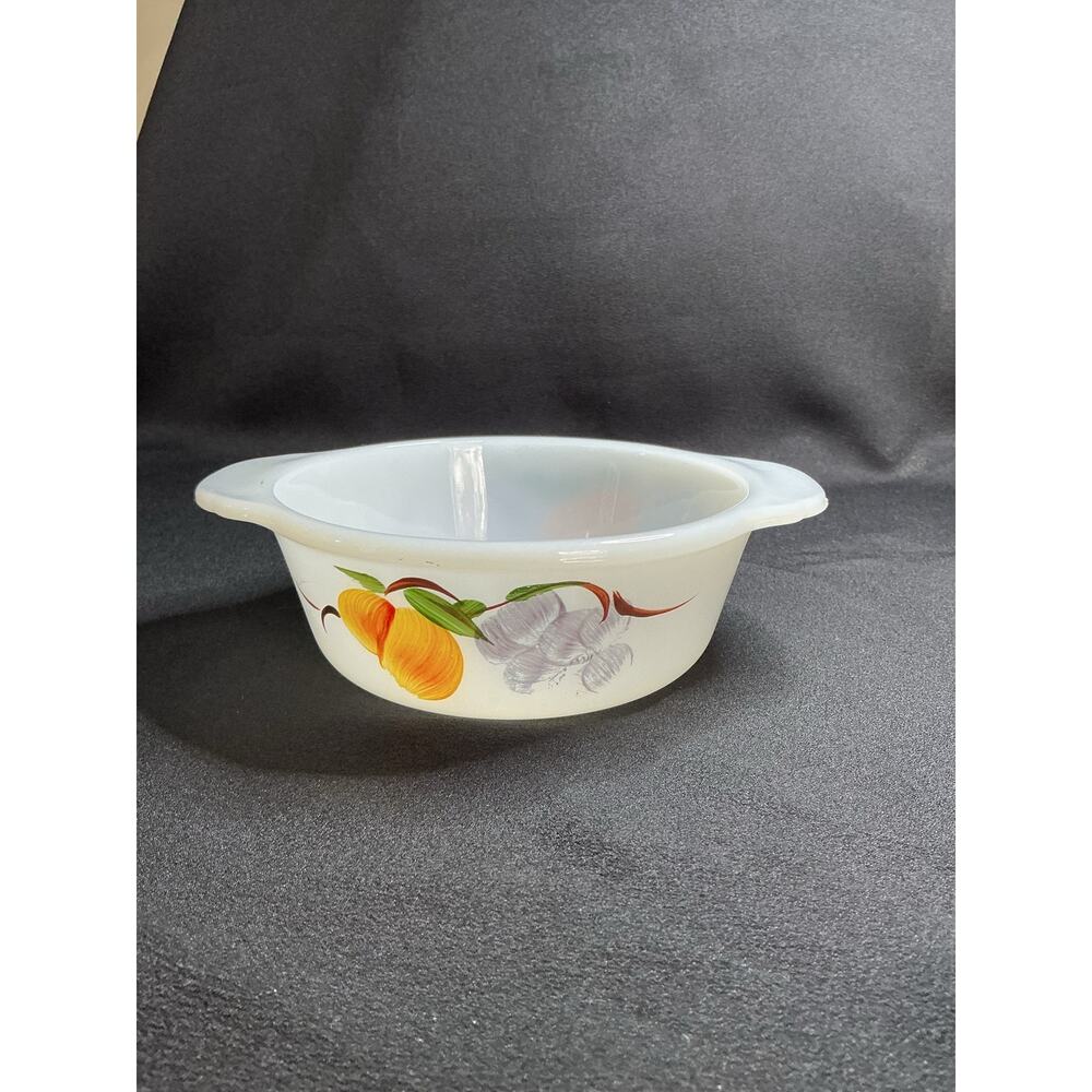 Vintage Fire King Gay Fad Hand Painted Fruits 1 Pint Milk Glass Casserole
